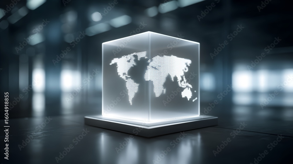 Poster futuristic cube displaying a world map, showcasing global connectivity and innovation.
