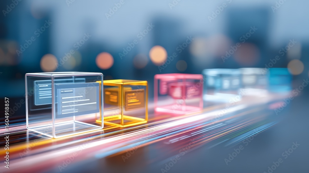 Poster futuristic glowing boxes representing data processing and modern technology.