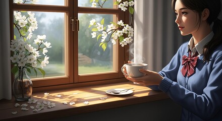 A woman by the window enjoys a warm drink on a sunny day.