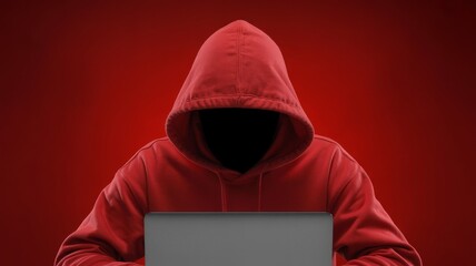 A faceless figure in a red hoodie uses a laptop against a dark red background, symbolizing anonymity and cyber activity.