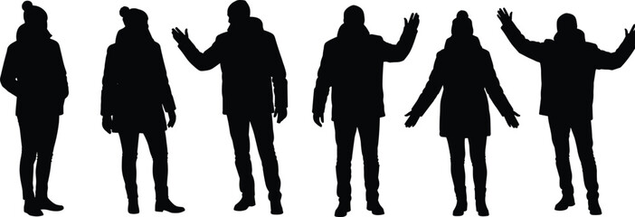 Winter clothing silhouette group, diverse people poses, cold weather attire sketch, black and white vector design, casual outfit collection illustration