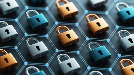 A pattern of metallic padlocks in gold, silver, and blue colors connected by a network-like grid on a dark background.