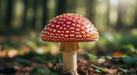 Close-up of a vibrant red and white fly agaric mushroom.