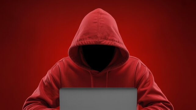 A faceless figure in a red hoodie uses a laptop against a dark red background, symbolizing anonymity and cyber activity.