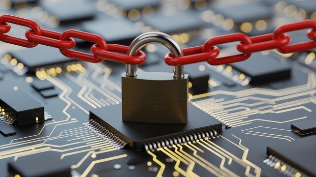 A padlock secured with red chains on a microchip symbolizes cybersecurity and protection of digital data.