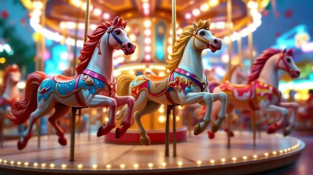 Colorful carousel horses on merry-go-round in festive lights  
