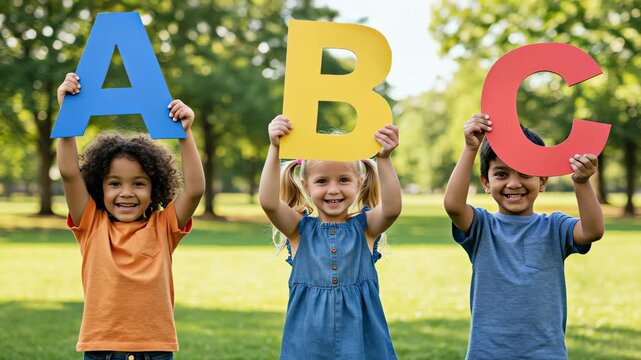 Three children of different nationalities hold large letters A, B, C and smile on the street.