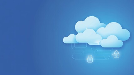 Obraz premium Blue cloud computing concept with interconnected cloud icons and padlocks representing data security and cloud storage protection.