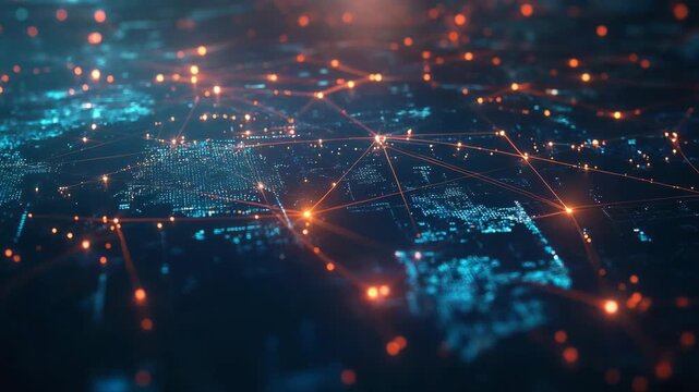 Abstract network connections with blue and orange lights over dark background  
