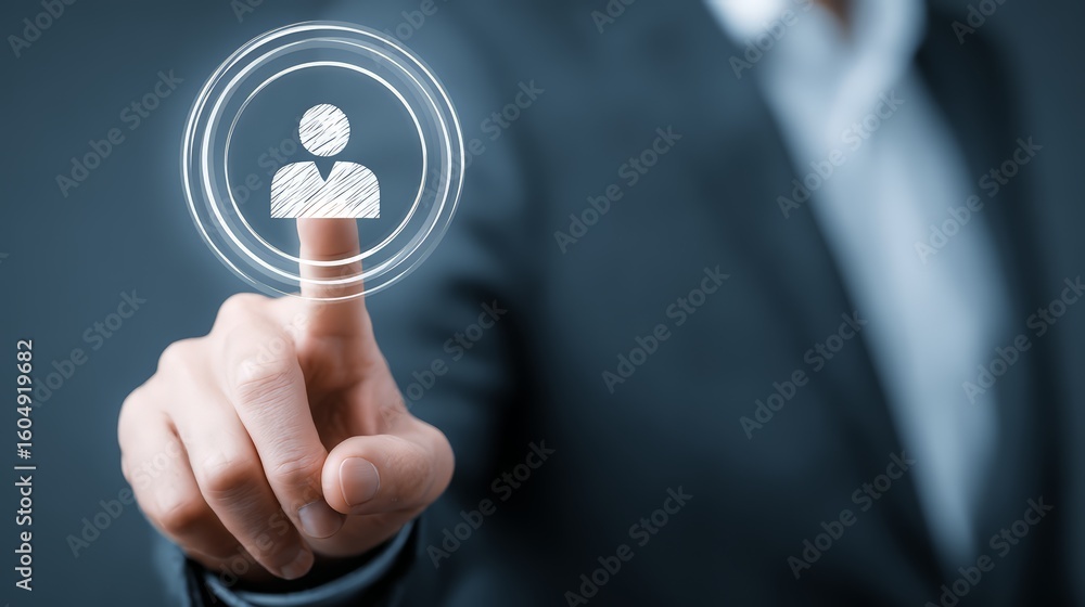 Poster professional man interacting with digital user interface, symbolizing connection.