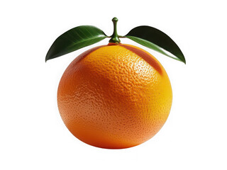 A single vibrant orange fruit with two fresh green leaves attached to its stem isolated on a stark black background showcasing its textured rind and natural beauty