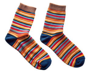 Colorful striped socks with brown cuffs and blue toes isolated on a transparent background image