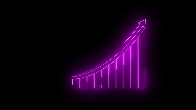 Magenta neon glowing business graph chart icon animation . Neon business growth concept .glowing business graph and neon line concept on black background.