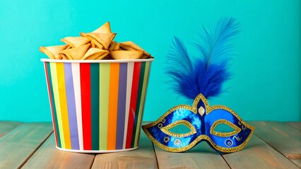 Blue feather mask with colorful bucket of cookies for purim holiday celebration