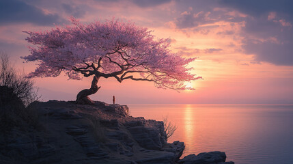 Giant sakura tree on a cliff overlooking the ocean at sunset, dreamy glow