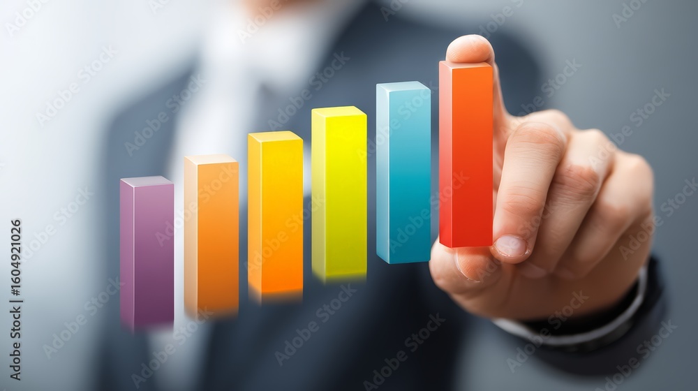 Poster a businessman analyzes growth statistics using colorful bar graphs in digital presentation.