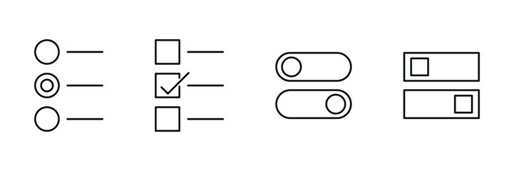 Switch button radio, checkbox, toggle UI set minimal interface design elements outline symbol for web, app, dashboard vector.