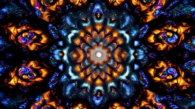 Colorful video background with kaleidoscope effect with rotating geometric figures.