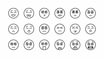 Emoji Expression Set: A versatile array of expressive emoji faces, representing a spectrum of human emotions, from joy to anger, designed in a minimalist, clean style. 