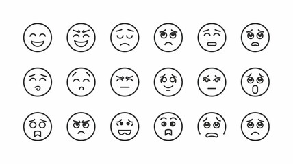 Diverse Emotional Spectrum: An array of expressive emoticons, each conveying a unique feeling, perfect for illustrating communication and emotion in a clean, modern style.