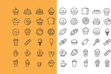 Outline icons of baked goods and drinks on orange and white backgrounds
