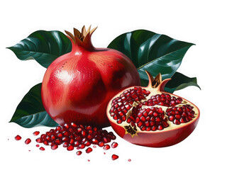 Vibrant ripe pomegranate whole and halved with scattered seeds and green leaves against a dark background