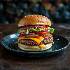 Juicy cheeseburger with fresh toppings on a sesame seed bun