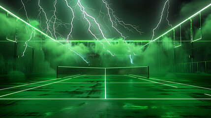 Experience the electrifying thrill of a futuristic tennis match under neon lights and dramatic lightning strikes, a truly dynamic sports spectacle.