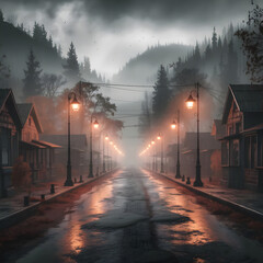 Misty forest village street lined with glowing lanterns and wet pavement