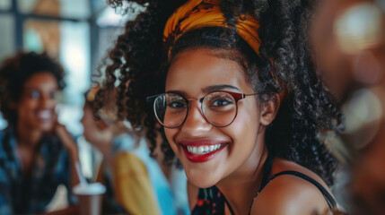 A woman with curly hair and glasses smiling at the camera with people in the background at a cafe