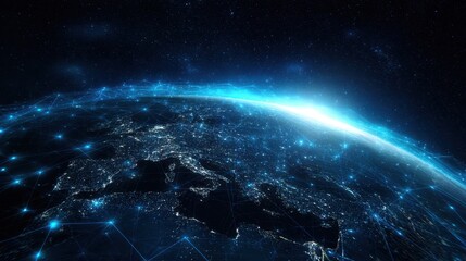 Fototapeta premium The stunning view of Earth illuminated by digital connections at night.