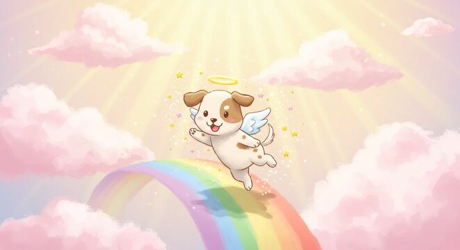 Cute Angel Puppy with Wings and Halo on Rainbow Bridge Memorial Cartoon Illustration