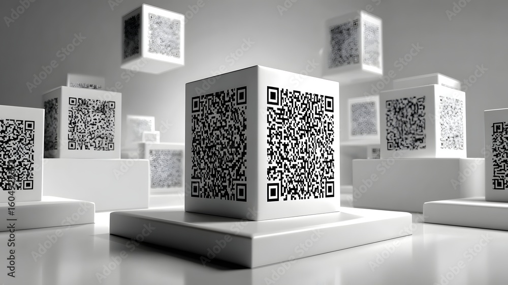 Poster white cubes with qr codes displayed on them.
