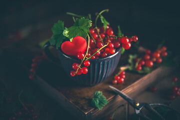 Freshly picked red currant berries and leaves are overflowing a green cup decorated with a red...