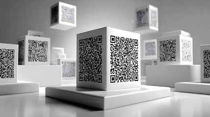 White cubes with qr codes displayed on them.