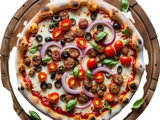 Deliciously crafted gourmet pizza topped with fresh ingredients showcasing a mouthwatering culinary masterpiece on a rustic wooden board