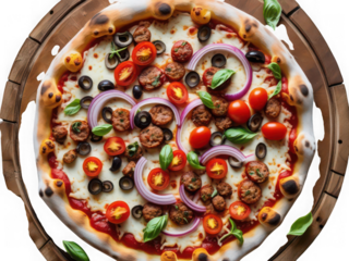 Deliciously crafted gourmet pizza topped with fresh ingredients showcasing a mouthwatering culinary masterpiece on a rustic wooden board