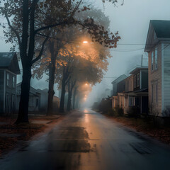 Misty autumn street with glowing streetlights and reflective road