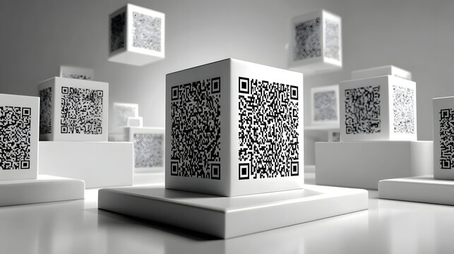 White cubes with qr codes displayed on them.
