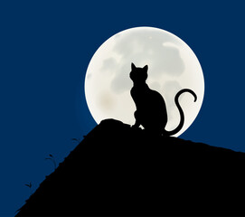 Silhouette of a Cat Sitting and Watching the Moon