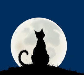 Silhouette of a Cat Sitting and Watching the Moon