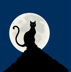Silhouette of a Cat Sitting and Watching the Moon