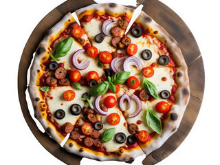 Deliciously prepared gourmet pizza topped with fresh tomatoes olives red onions and basil on a rustic wooden board