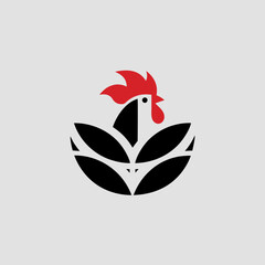 Obraz premium Stylized Rooster Head with Red Comb and Black Body on White Background vector