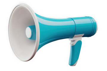 Close up of a bright turquoise blue plastic megaphone with a white inner bell and handle isolated on a stark black background conveying a message of announcement or communication