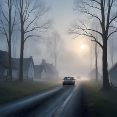 Cars driving through a foggy rural landscape with bare trees and houses