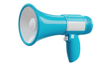 Bright blue megaphone with white label isolated on black background for communication and announcement concepts
