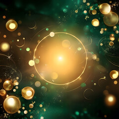 Golden orbs and rings amidst a deep emerald and gold nebula