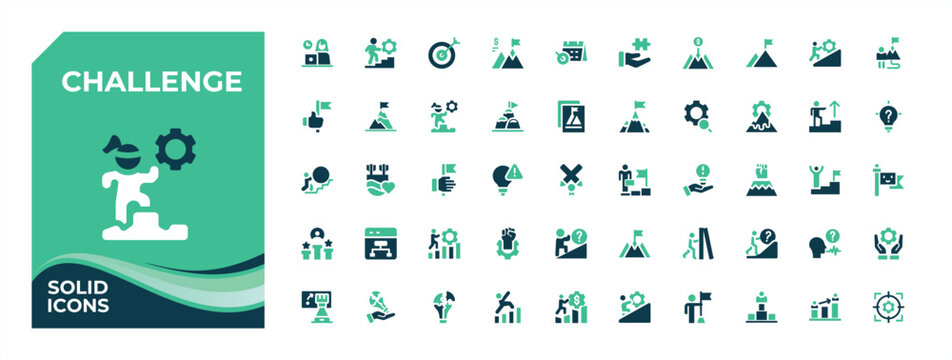Challenge colorful solid icon set. Contains filled symbols like target, work, performance, strategy, achievement, exam, development and more. Icons for UI design. Performance icon set. Pixel perfect.