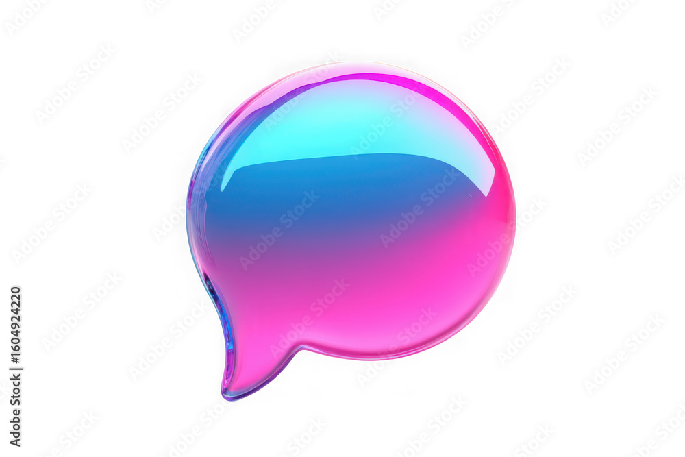 Fototapete glossy translucent speech bubble icon with vibrant pink and blue gradient on a dark black background
